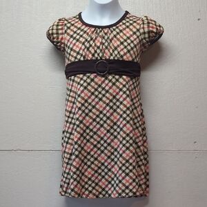 Tan and Brown Casual Sheath Dress with Puff Cap Sleeves